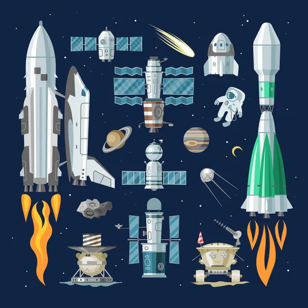 Nave espacial vectorial de cohetes o nave espacial y satélite o satélite rover ilustración espacial conjunto de naves espaciadas en el espacio universal con planetas aislados en el fondo — Archivo Imágenes Vectoriales