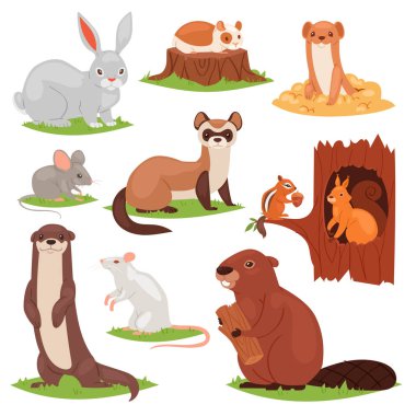Forest animals vector cartoon animalistic characters squirrel in hollow and wild beaver or bunny hare in woodland illustration set of gnawers mouse or rat isolated on white background clipart