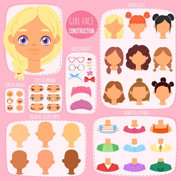 Girl face constructor vector kids character avatar and girlish creation head lips or eyes illustration girlie set of facial elements construction with children hairstyle isolated on background — Stock Vector