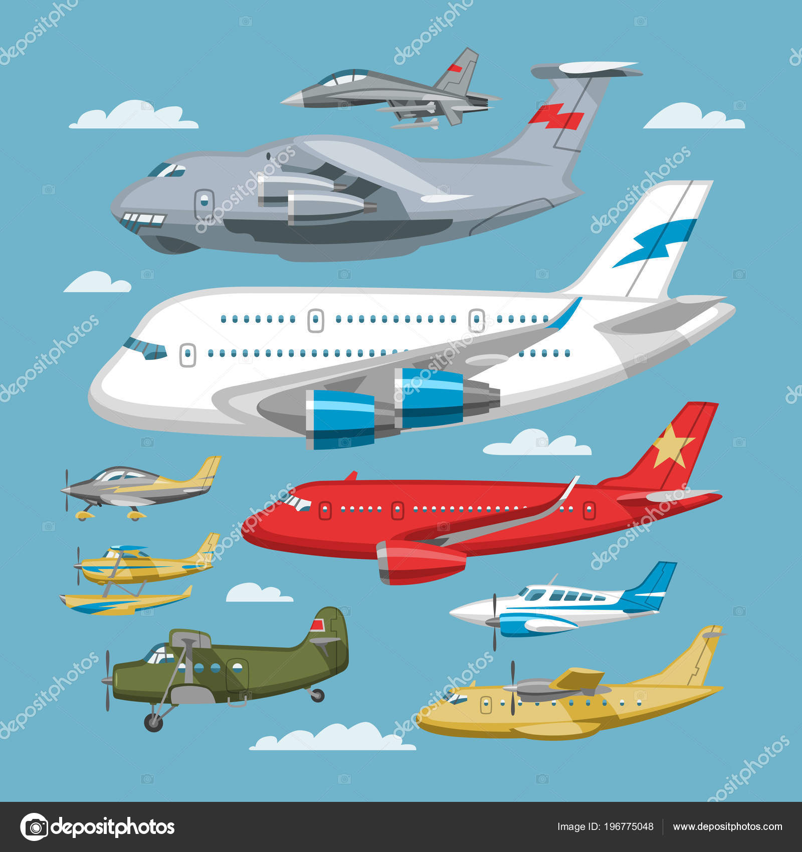 Airplane flying in sky. Jet plane fly in clouds, airplanes travel and  vacation aircraft. Flight plane, airplane trip to airport or airline  transportation.Flat airplane vector illustration, Stock Vector