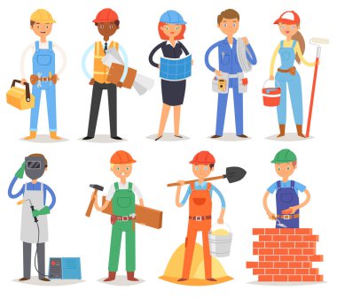 Beyaz arka plan üzerinde yapıcı izole işçi veya yüklenici kadın ya da erkek birikimini, Bina inşaat newbuild illüstrasyon için Oluşturucu vektör Oluşturucu insanlar karakter kümesi