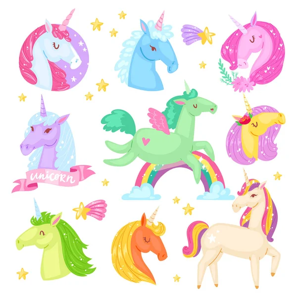 Unicornio vector dibujos animados niños carácter de caballo femenino con cuerno y cola de caballo de colores en el amor ilustración conjunto de fantasía niño cola de caballo animal con alas aisladas sobre fondo blanco — Archivo Imágenes Vectoriales