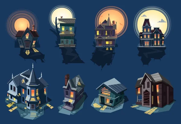 Spooky casa vector embrujado castillo con pesadilla de terror miedo oscuro en Halloween luz de la luna misterio ilustración conjunto nocturno de espeluznante edificio aislado en el fondo — Archivo Imágenes Vectoriales