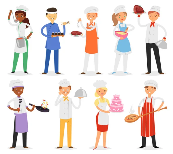 Chef vector cook character woman or man cooking food dish on kitchen of restaurant illustration set of professional cooker or baker people in uniform isolated on white background