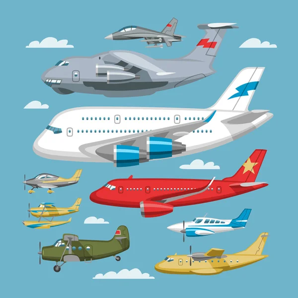Avion vecteur avion ou avion et jet transport dans le ciel illustration aviation ensemble d'avions ou d'avions de ligne et de fret aérien isolé en arrière-plan — Image vectorielle