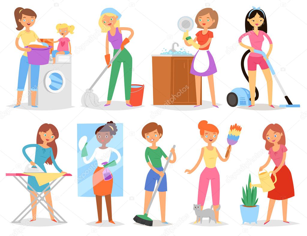 Housewife vector woman housekeeping and holding house clean with vacuum cleaner and washing machine or iron illustration set of female wifely household or casual routine isolated on white background