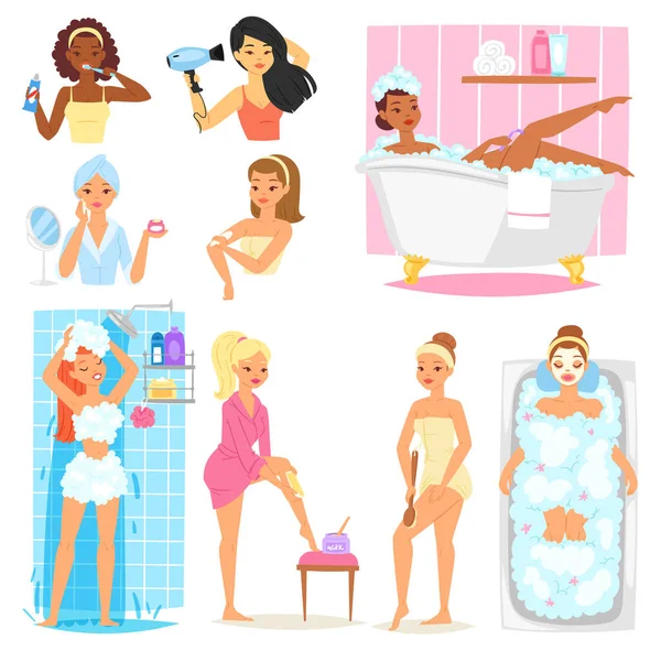 Woman bathing in bathroom vector beautiful girl character in bathrobe cleaning teeth and washing in bath illustration set of women with skincare cream isolated on white background — Stock Vector