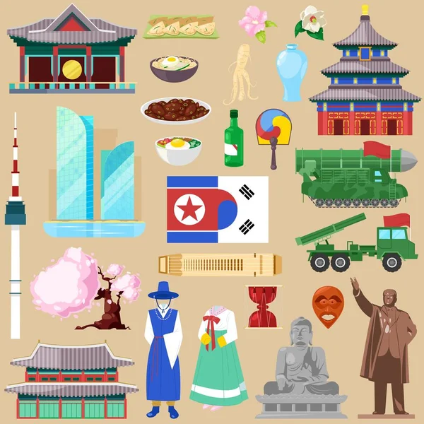 Κορέας παραδοσιακό πολιτισμό της Κορέας διάνυσμα σύμβολο συνόλου τουρισμού εικονογράφηση southkorea ή northkorea χώρα της αρχιτεκτονικής παλάτι Τσανγκντεοκγκούνγκ και ανατολίτικη κουζίνα που απομονώνονται σε φόντο — Διανυσματικό Αρχείο