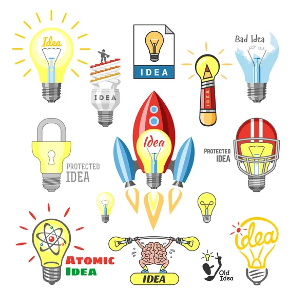 Idea Lampa wektor idealny ikona żarówki rozwiązanie, energii oświetlenie elektryczne ilustracja moc zestaw żarówka lub lamplight, izolowana na białym tle — Wektor stockowy