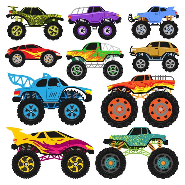 Monster truck vektor kreslené vozidlo nebo auto a extrémní dopravní ilustrace sadu těžkých monstertruck s velkými koly izolovaných na bílém pozadí — Stockový vektor