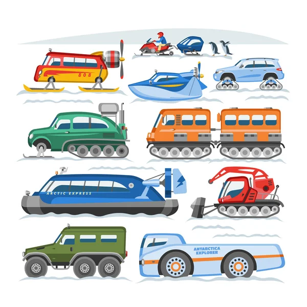 Schnee-LKW-Vektor Winter Fahrzeug oder Motorschlitten Transport und Schneetransport Illustration Set von Schneemobil oder Schneefräse isoliert auf weißem Hintergrund — Stockvektor