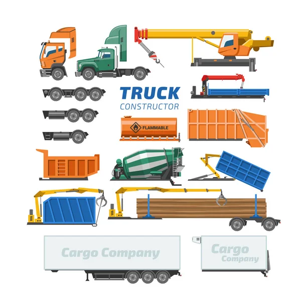 Vrachtwagen constructor vector leveringsvoertuig of vracht transport en bouw illustratie set Beton-Mengers of logistieke vervoer geïsoleerd op een witte achtergrond van het vrachtvervoer — Stockvector