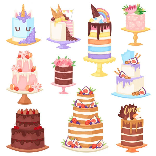 Bolo de aniversário bolo vetorial cheesecake cupcake para festa de nascimento feliz bolo de chocolate cozido e sobremesa de padaria set ilustração isolada no fundo branco —  Vetores de Stock