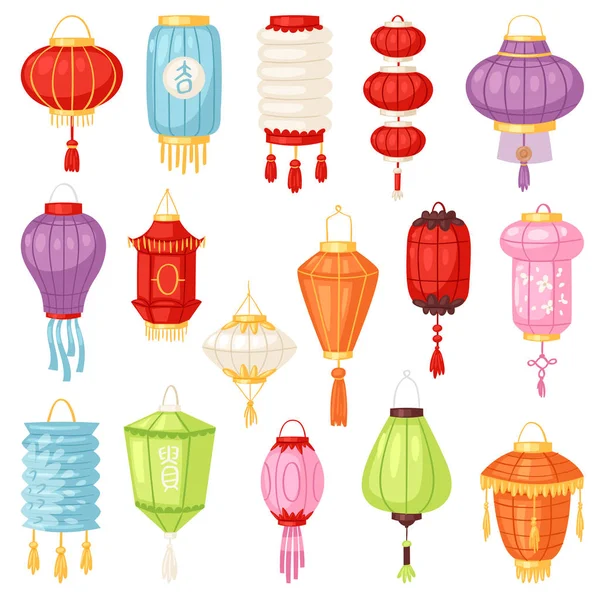 Vetor de lanterna chinesa tradicional colorido lanterna-luz e decoração oriental da cultura da China para celebração asiática ilustração conjunto de decoração festival luz isolada no fundo branco — Vetor de Stock