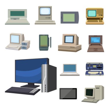 Bilgisayar teknoloji vektör evrim görüntülemek telekomünikasyon ekipman metal pc monitör çerçeve modern ofis ağı.