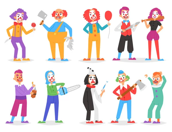 小丑矢量可怕的滑稽字符小丑的表演在马戏团与斧头或剑和卡通人的 clownery 插图集的恐怖杂技隔离在白色背景上 — 图库矢量图片