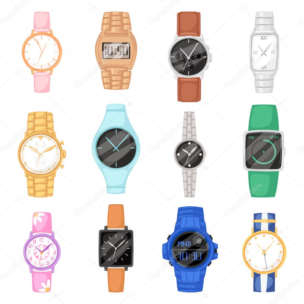 Watch vector wristwatch for businessman or fashion wrist clock with clockwork and clockface clocked in time with hour arrows illustration set of clocking alarm timer isolated on white background