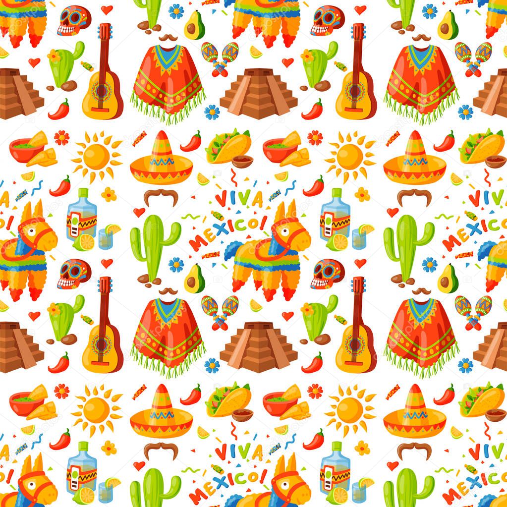 Mexico seamless pattern background vector illustration traditional graphic travel tequila alcohol fiesta drink ethnicity aztec maraca sombrero.