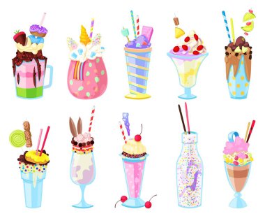 Milkshake cam sağlıklı dondurma içki vektör veya taze süt İçecek şişe illüstrasyon küme bardak dondurma suyu karıştırın ya da izole üzerinde beyaz arka plan kavanoz