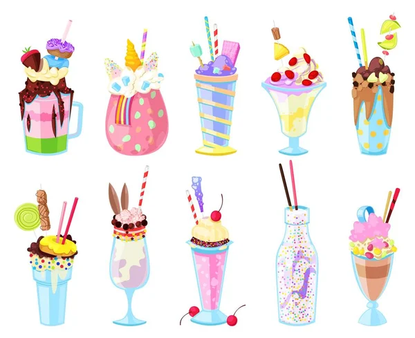 Векторные молочные коктейли вектор здорового напитка мороженого в стакане или свежем молочном напитке смесь в бутылке иллюстрации набор сока мороженого в стеклянном или банке изолированы на белом фоне — стоковый вектор