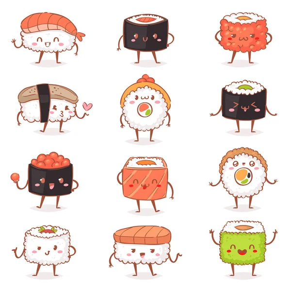 Sushi kawaiivector comida japonesa sashimi roll emoticon o nigiri emoji mariscos con arroz en Japón restaurante ilustración cocina japonesa con emociones faciales conjunto aislado sobre fondo blanco — Vector de stock