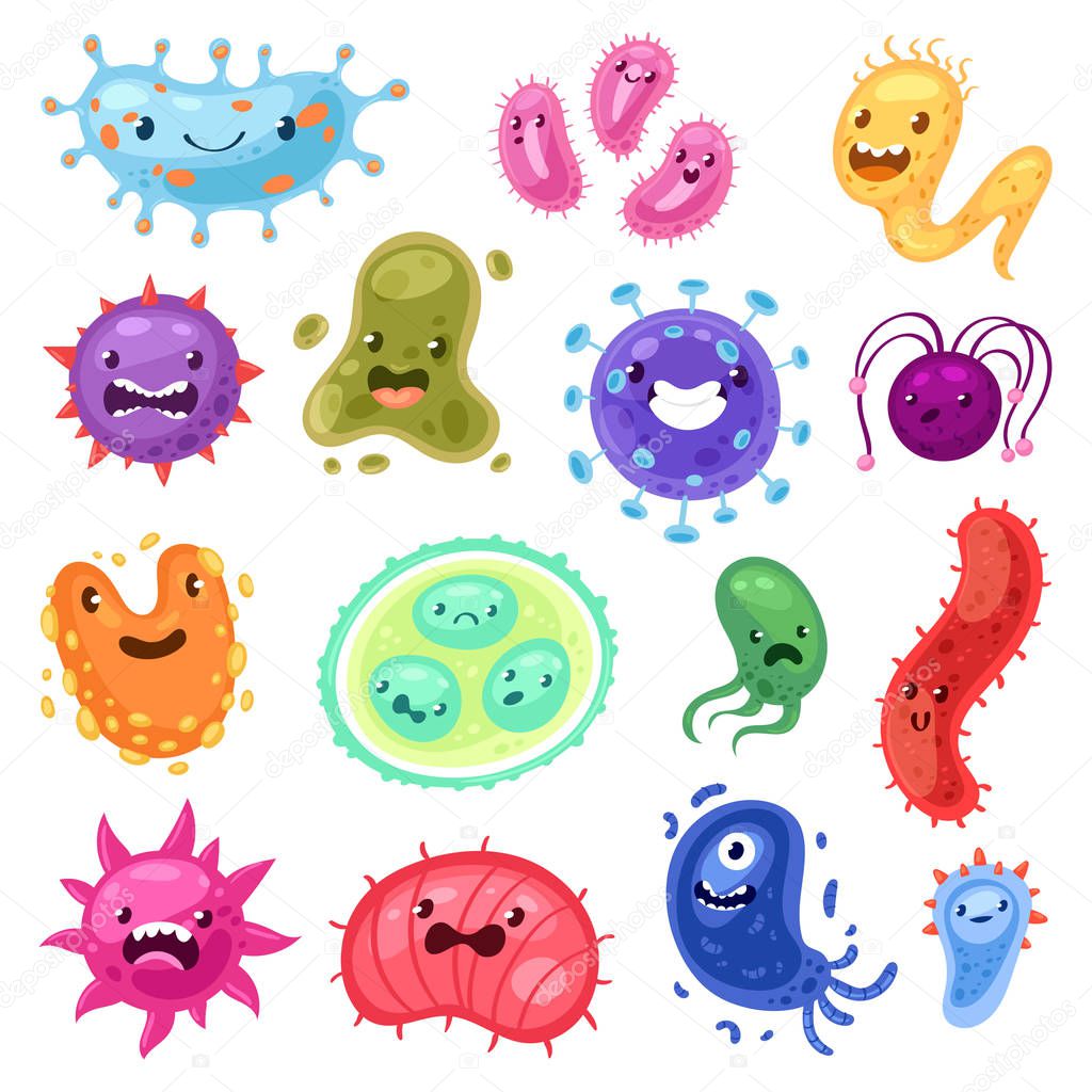 Viruses vector cartoon bacteria emoticon character of bacterial infection or ilness in microbiology illustration set of microbe organism emotions isolated on white background