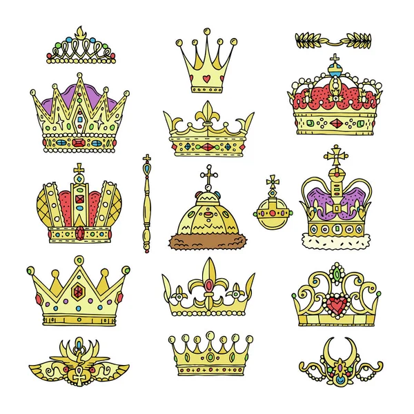 Crown vector golden royal jewelry symbol of king queen and princess illustration sign of crowning prince authority set of crown jeweles isolated on white background — Stock Vector