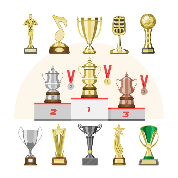 奖奖杯矢量优胜者奖 trophycup 或奖牌为获奖的冠军以奖励为胜利在比赛例证一套金黄杯子在背景被隔绝的第一个地方 — 图库矢量图片