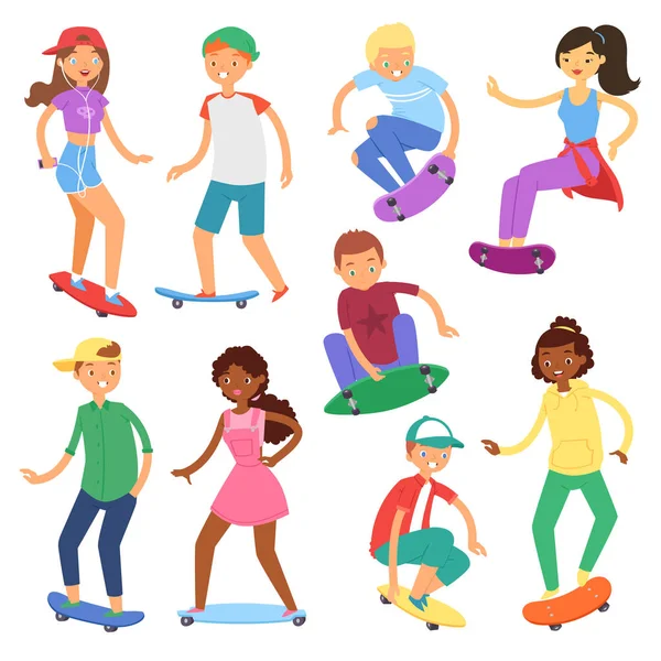 Skateboarders sur skateboard vecteur skateboard garçon ou fille personnages ou adolescents patineurs sautant à bord dans le skatepark illustration ensemble de personnes patinant isolé sur fond blanc — Image vectorielle