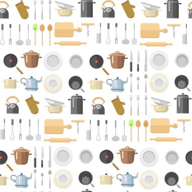 Mutfak yemekleri düz seamless modeli ev eşyası günlük yemekler mobilya illüstrasyon vektör.