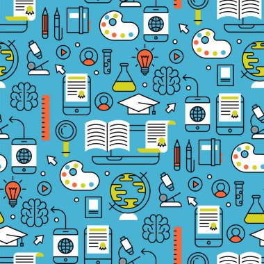 Düz tasarım uzak eğitim Dikişsiz desen arka plan eğitim mağaza araştırma bilgi vektör çizim öğrenme öğrenme online.