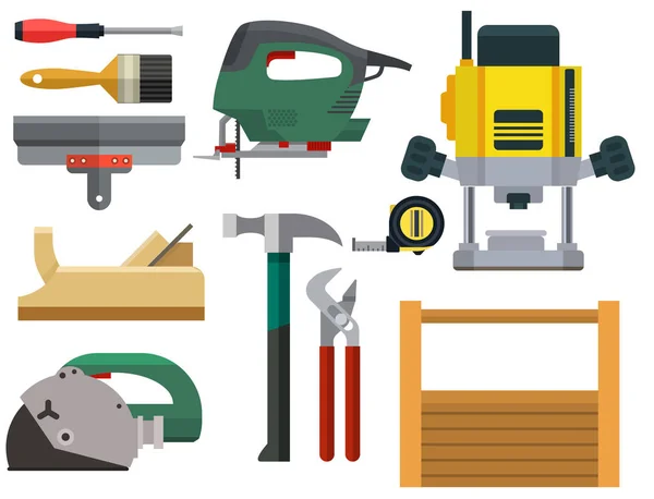 Construction Building Tools Vector Set Carpenter Industry Worker Equipment Professional — Stock Vector