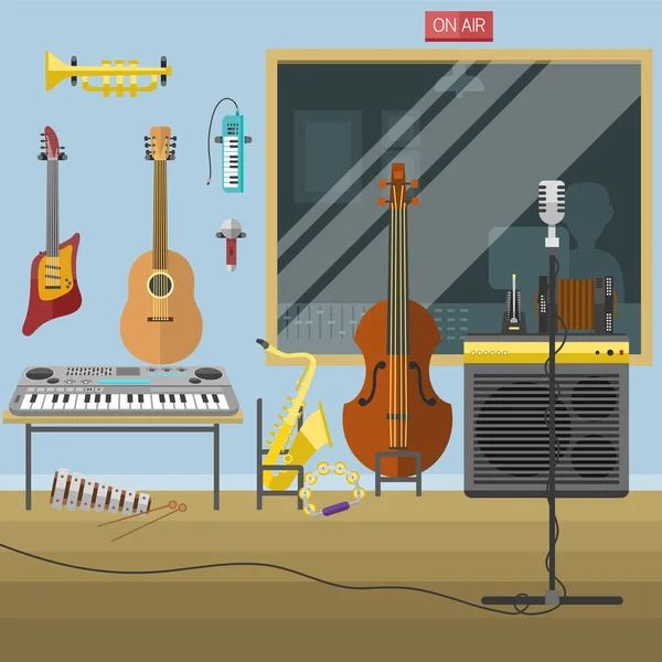 Muziek studio muziekinstrumenten producent verslagvolume interieur vectorillustratie. — Stockvector