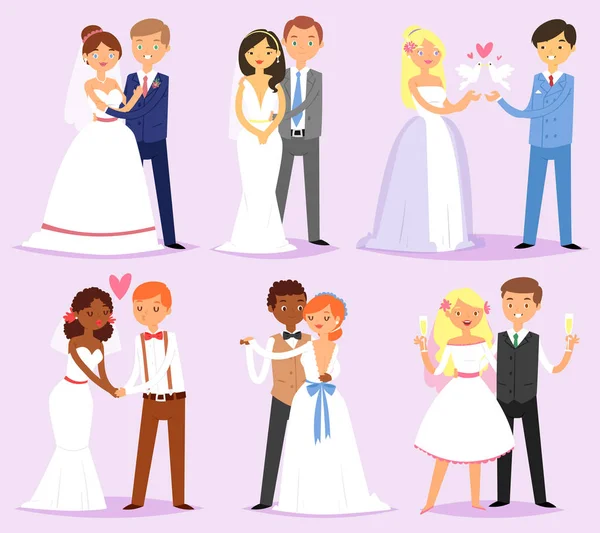 Boda pareja vector casado novia o prometida y novio o prometido personajes en casado ilustración conjunto de amoroso hombre y mujer en weddingdress en la celebración del matrimonio aislado en el fondo — Archivo Imágenes Vectoriales