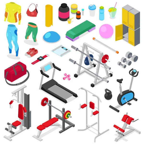 Equipo de fitness máquina de gimnasio vectorial para hacer ejercicios deportivos en el entrenamiento para construir el cuerpo con pesas de culturismo en el club deportivo conjunto de ilustración de ropa deportiva aislada sobre fondo blanco — Vector de stock