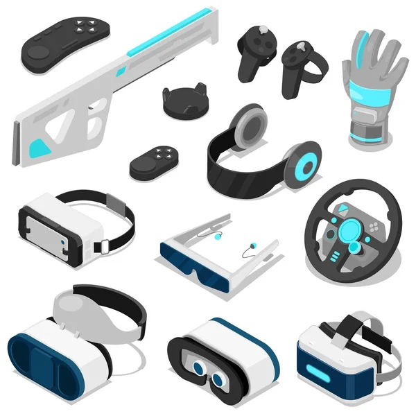 Virtuele realiteit vector vc gaming digitale apparaat of gadget 3d bril of headset isometrische illustratie set met elektronische virtuele entertainmentapparatuur geïsoleerd op witte achtergrond — Stockvector