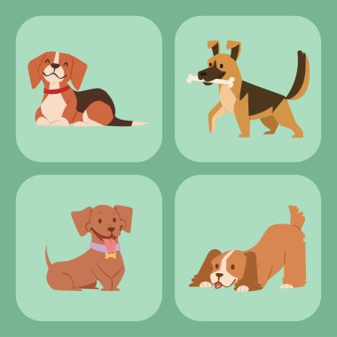 Yavru köpekler karakterler komik komik mutlu memeli safkan köpek doğurmak vektör çizim oynarken şirin.
