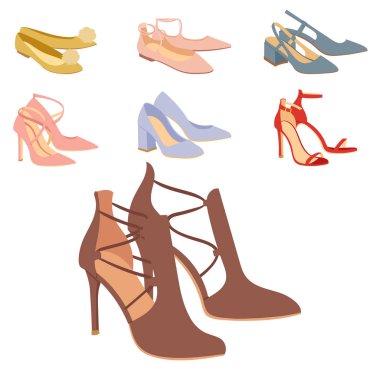 Bayan Ayakkabı düz tasarım vektör ayakkabı ayakkabı mağazası reklam moda çizmeler koleksiyonu elle çizilmiş tarzı deri mokasen illüstrasyon giyim renkli.