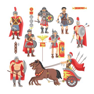 Beyaz arka plan üzerinde izole Savaşı'nda savaşan Yunan insanlar warrio gladyatör vektör Romalı savaşçı adam karakter zırh kılıç veya silah ve kalkan tarihi antik Roma resimde kümesi