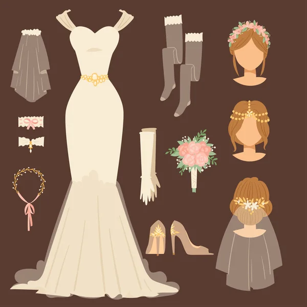 Hochzeit Braut Kleid Accessoire Vektor Feier Illustration Mode Brautdesign moderne Ehe Accessoires Silhouette. — Stockvektor