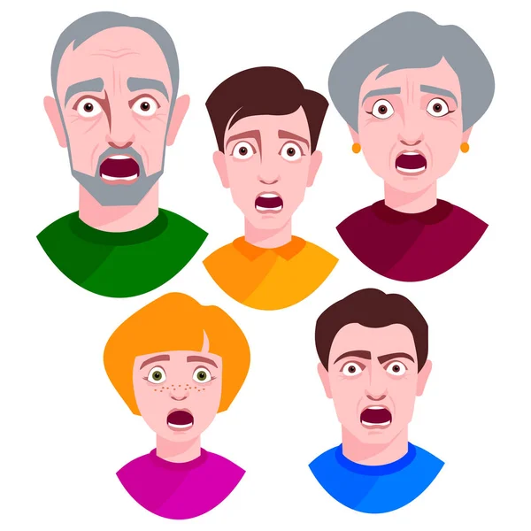 Les gens horreur visages vecteur extrêmement surpris jeune choc portrait effrayé personnage émotions peur expression personne avec bouche ouverte illustration . — Image vectorielle