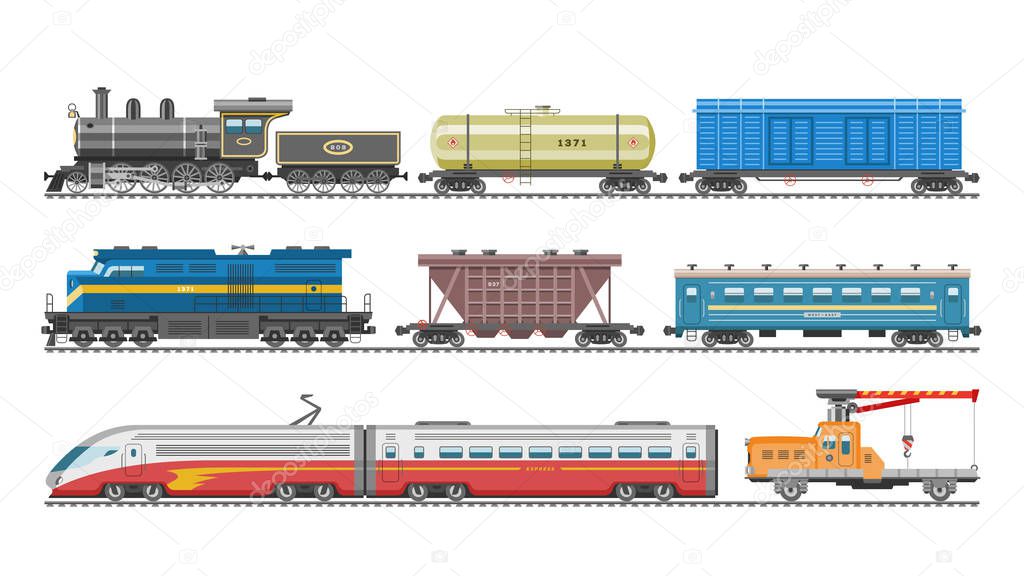 Train vector railway transport locomotive or wagon and subway or metro transportation illustration set of transportable vehicle or carriage on railroad station isolated on white background