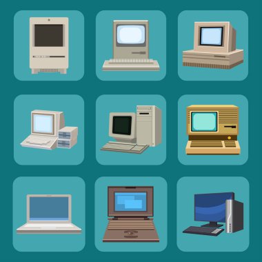Bilgisayar teknoloji vektör evrim görüntülemek telekomünikasyon ekipman metal pc monitör çerçeve modern ofis ağı.