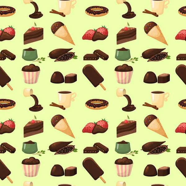 Chocolate varios dulces sabrosos sin costuras patrón fondo caramelos dulce marrón delicioso gourmet azúcar cacao snack vector ilustración — Archivo Imágenes Vectoriales