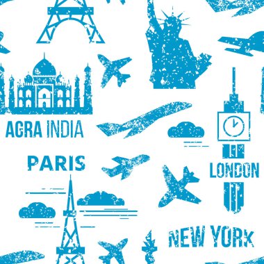 Vektör kartı pullar vintage posta ülkeler dünya damgası farklı posta grunge tüm illüstrasyon Dikişsiz desen arka plan posta damgası