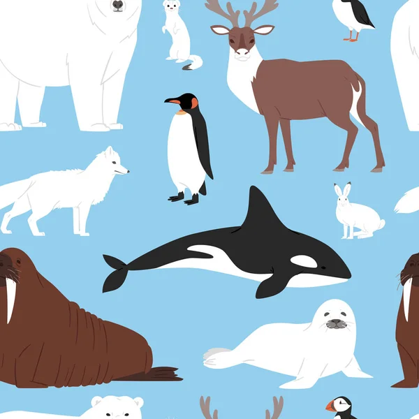 Verschirkkelijke pooldieren cartoon vector ijsbeer of pinguïn tekenverzameling met walvis rendieren en zegel in snowy winter die Antarctica naadloze patroon achtergrond instellen — Stockvector