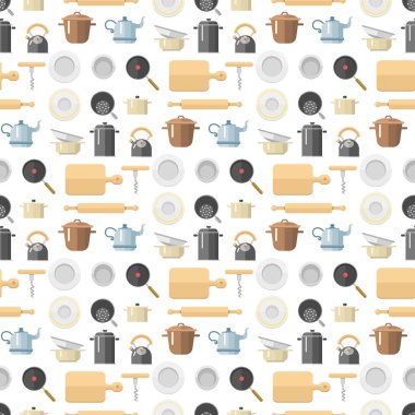 Mutfak yemekleri düz seamless modeli ev eşyası günlük yemekler mobilya illüstrasyon vektör.