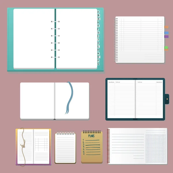 Conjunto de cuadernos realistas abiertos con páginas diario hoja de oficina plantilla folleto y papel en blanco educación copybook organizador vector ilustración . — Archivo Imágenes Vectoriales