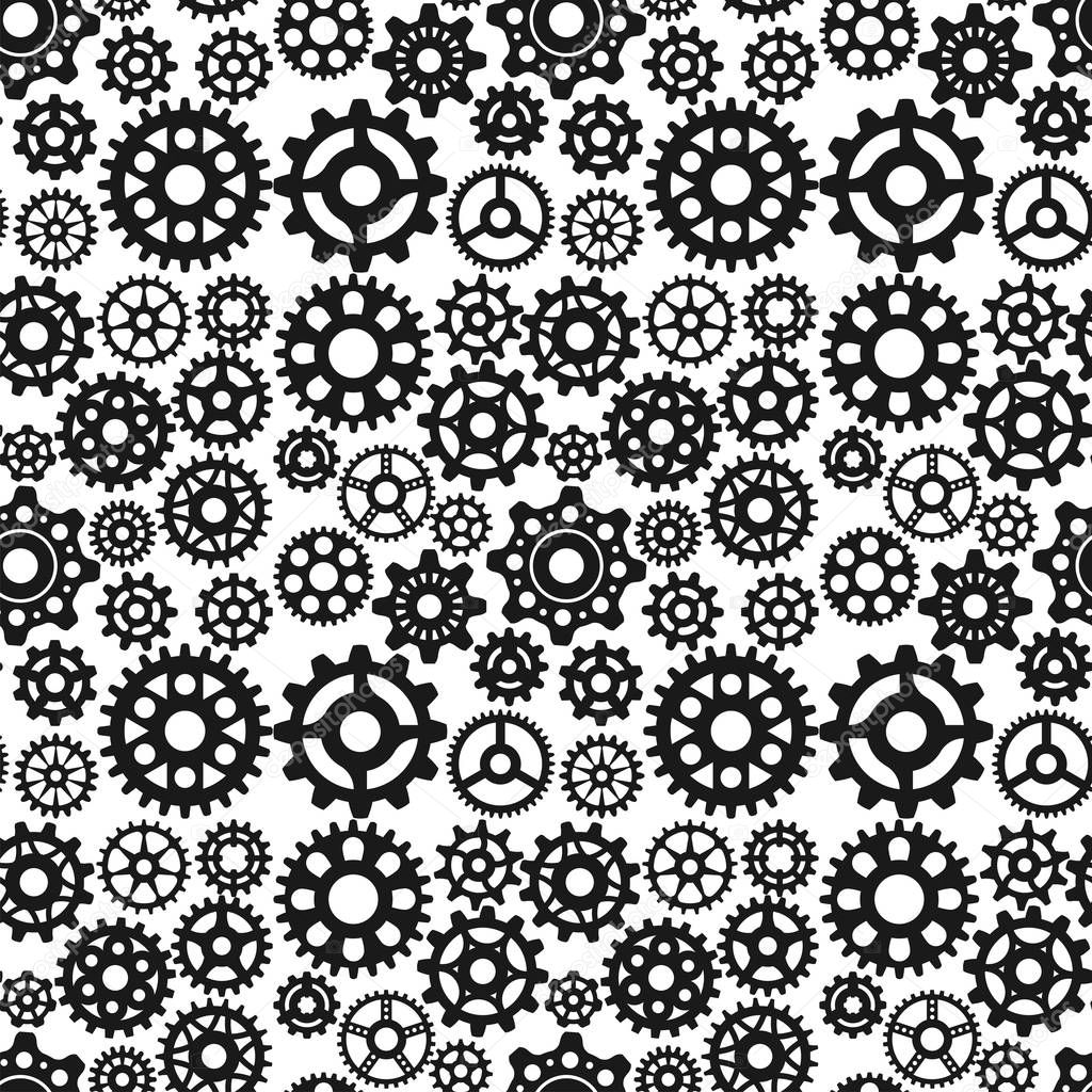 Vector gears icons seamless pattern background machine wheel mechanism machinery mechanical technology technical sign.