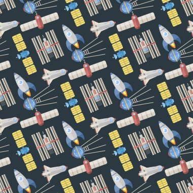 Şık uzay gemisi Dikişsiz desen arka plan astroloji radar evren evren teknoloji meteor bilim Servisi astronot roket uydu vektör.